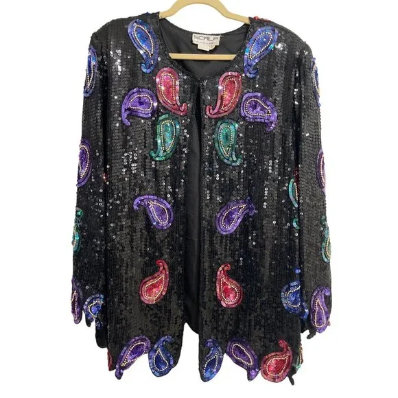 Vintage Scala Sequin Silk Jacket Paisley Beaded Black Purple Pink Blazer Size 2X - Picture 1 of 10